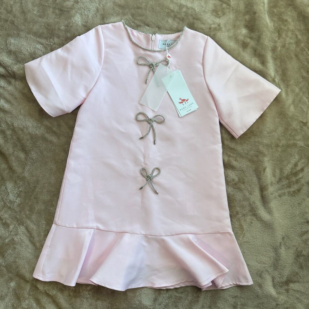 Mama Luma Girls Pink Bow Dress Rhinestone Trim Ruffle Hem NWT Size 7-8